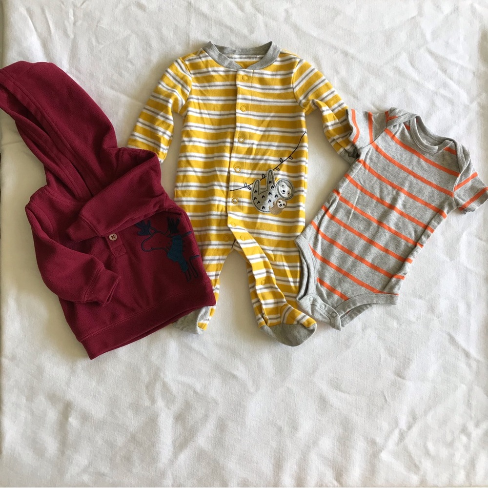 Bundle of 3 Child of Mine by Carter Onesie, Sweater, & One Piece Size 0-3 Months